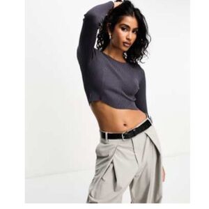 Bershka Charcoal Cropped Crew Neck Sweater